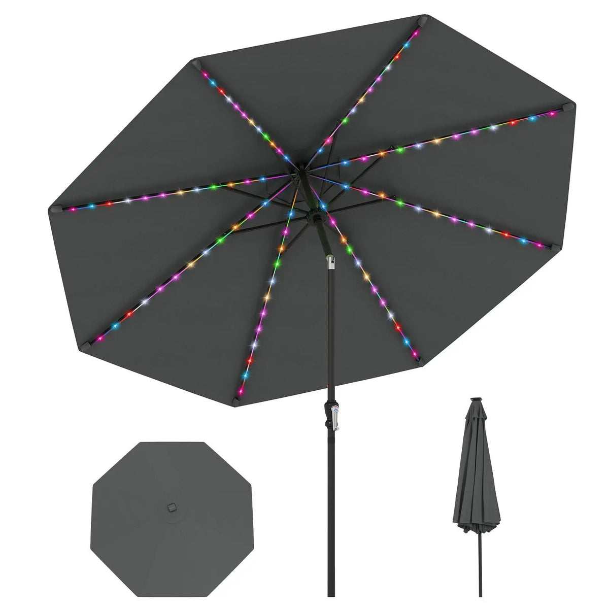 10 Feet Solar Patio Umbrella with 96 Multi-Colored Flowing LED Lights and Tilt Adjustment, photo 20 of 48
