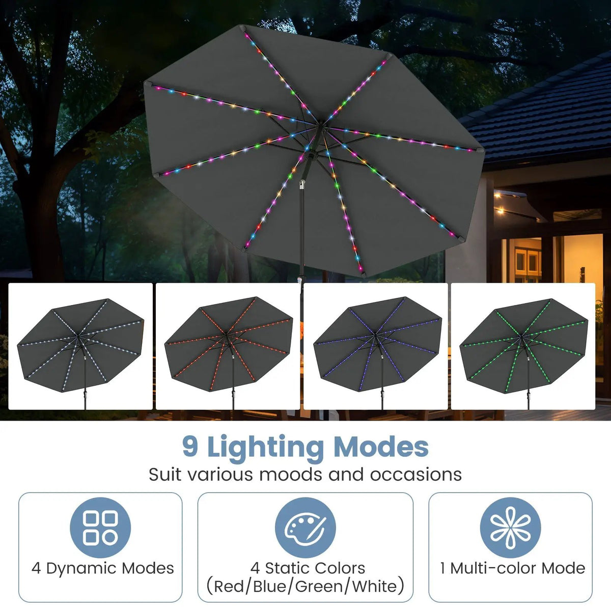 10 Feet Solar Patio Umbrella with 96 Multi-Colored Flowing LED Lights and Tilt Adjustment, photo 38 of 48