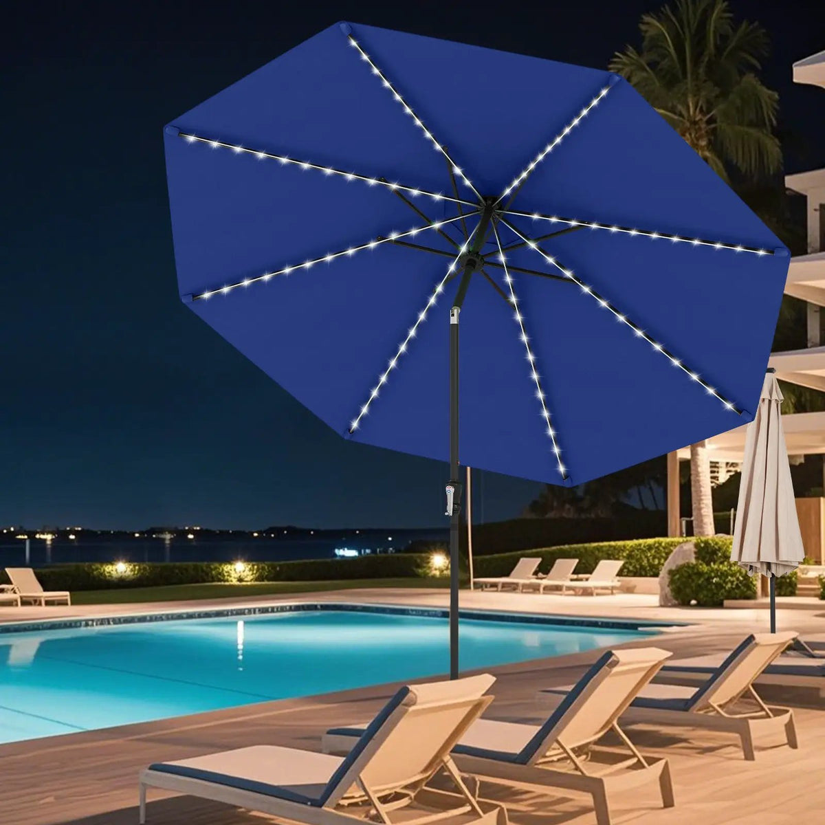 10 Feet Solar Patio Umbrella with 96 Multi-Colored Flowing LED Lights and Tilt Adjustment, photo 2 of 48