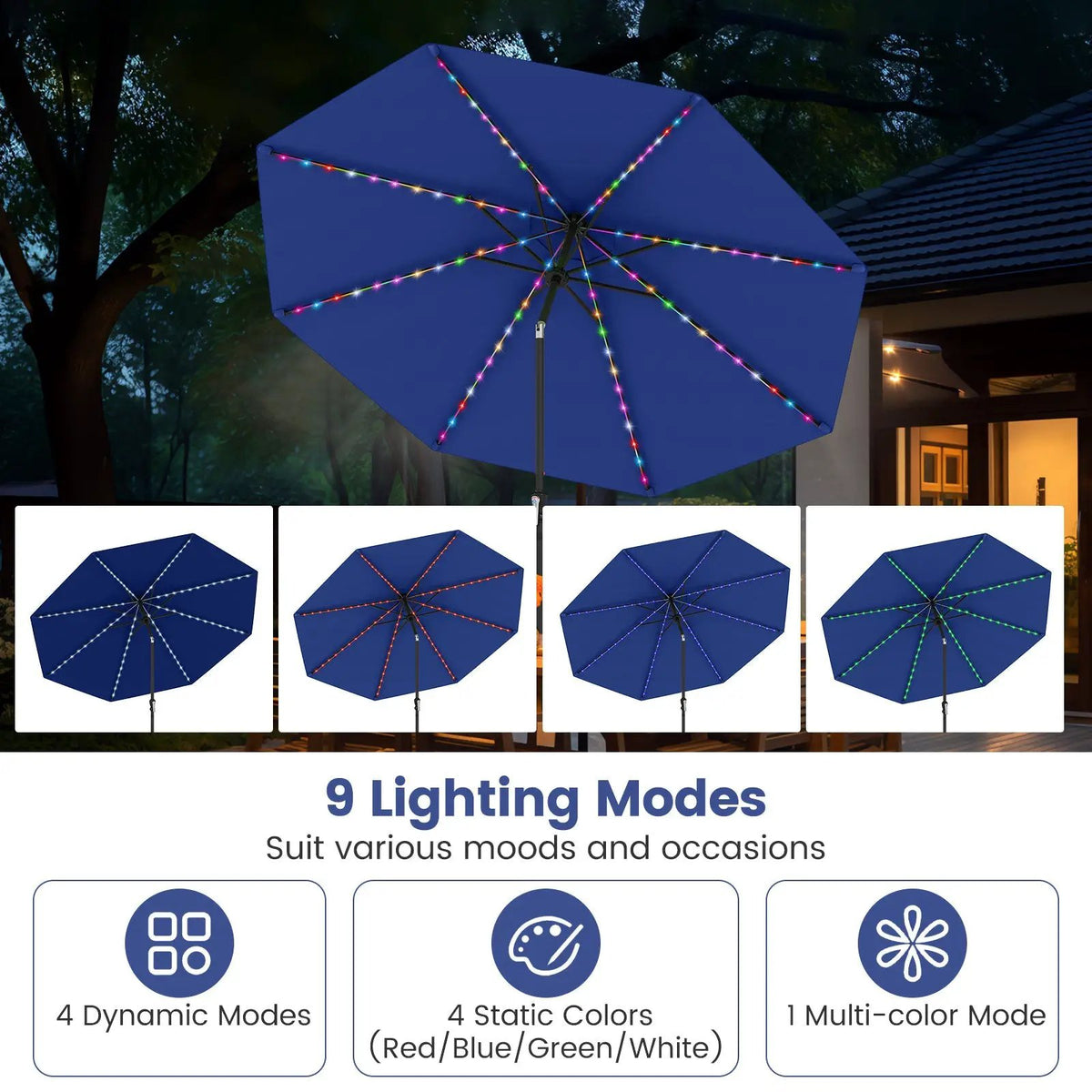10 Feet Solar Patio Umbrella with 96 Multi-Colored Flowing LED Lights and Tilt Adjustment, photo 39 of 48