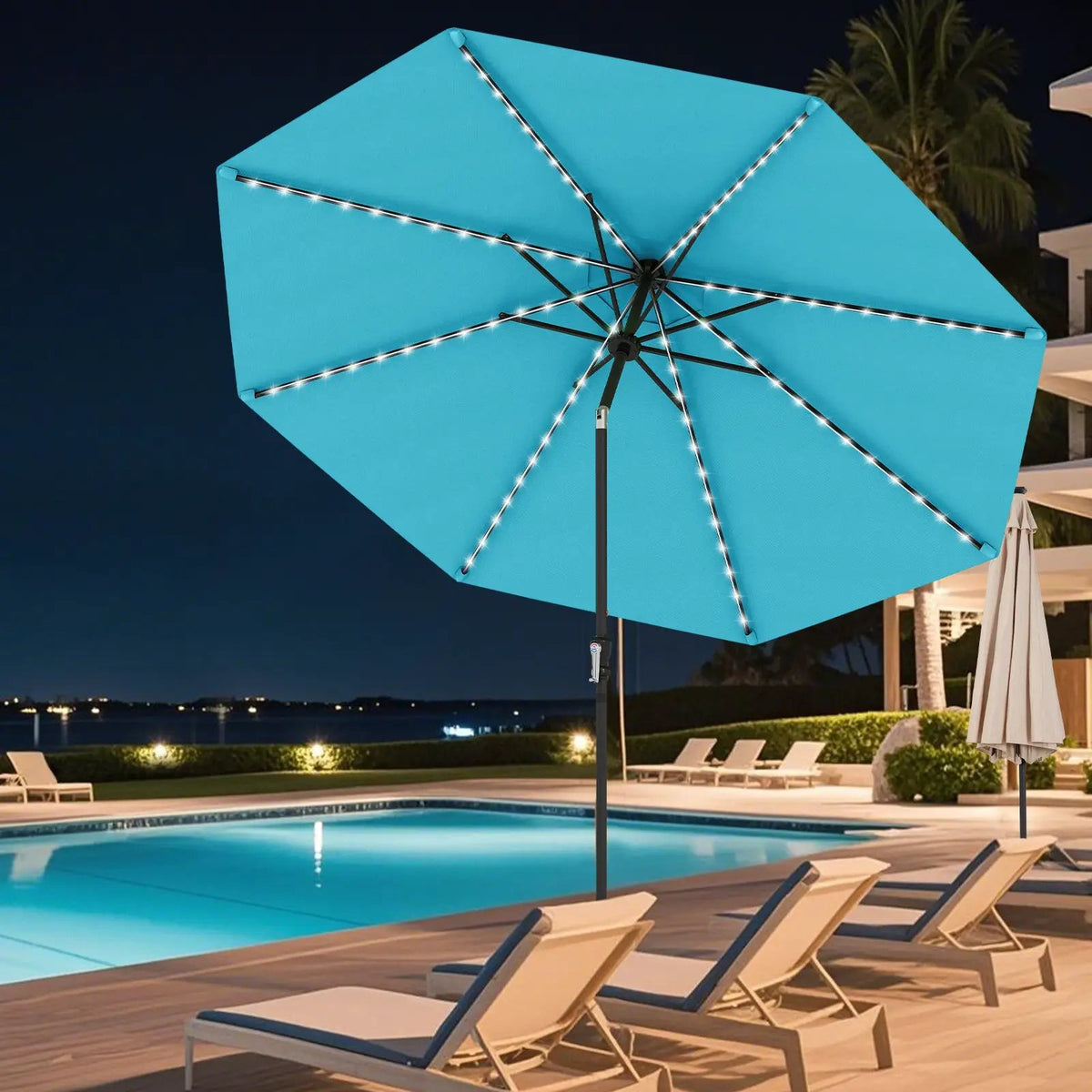 10 Feet Solar Patio Umbrella with 96 Multi-Colored Flowing LED Lights and Tilt Adjustment, photo 3 of 48
