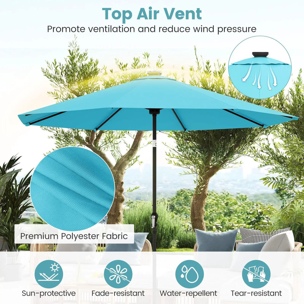 10 Feet Solar Patio Umbrella with 96 Multi-Colored Flowing LED Lights and Tilt Adjustment, photo 33 of 48