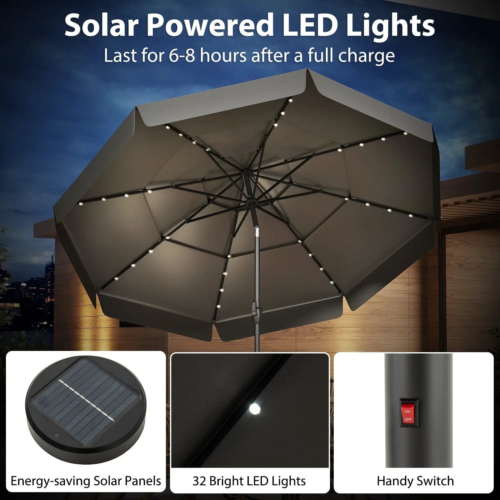 10 Feet Solar Patio Umbrella with 3-Tier Vented Top by DirectDeals