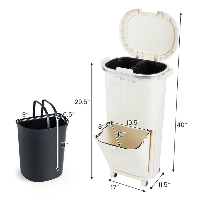 10 Gallon Kitchen Trash Can Double-Layer with Lid and 2 Removable Buckets-Beige by DirectDeals