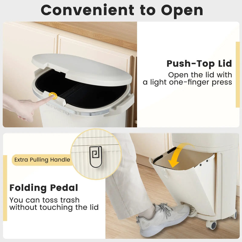 10 Gallon Kitchen Trash Can Double-Layer with Lid and 2 Removable Buckets-Beige by DirectDeals