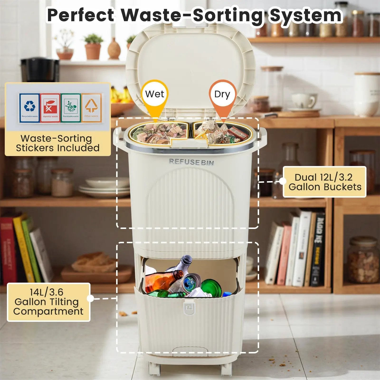 10 Gallon Kitchen Trash Can Double-Layer with Lid and 2 Removable Buckets-Beige by DirectDeals