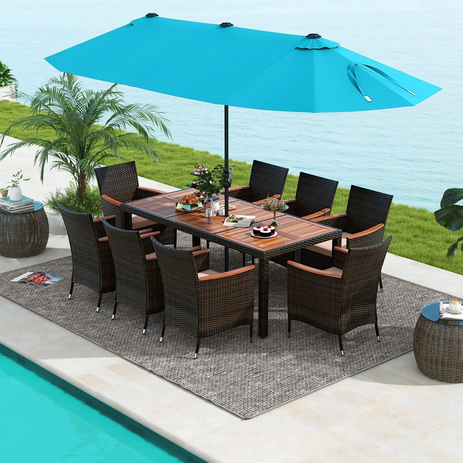 10 Piece Outdoor Dining Set with 15 Feet Double-Sided Twin Patio Umbrella by DirectDeals
