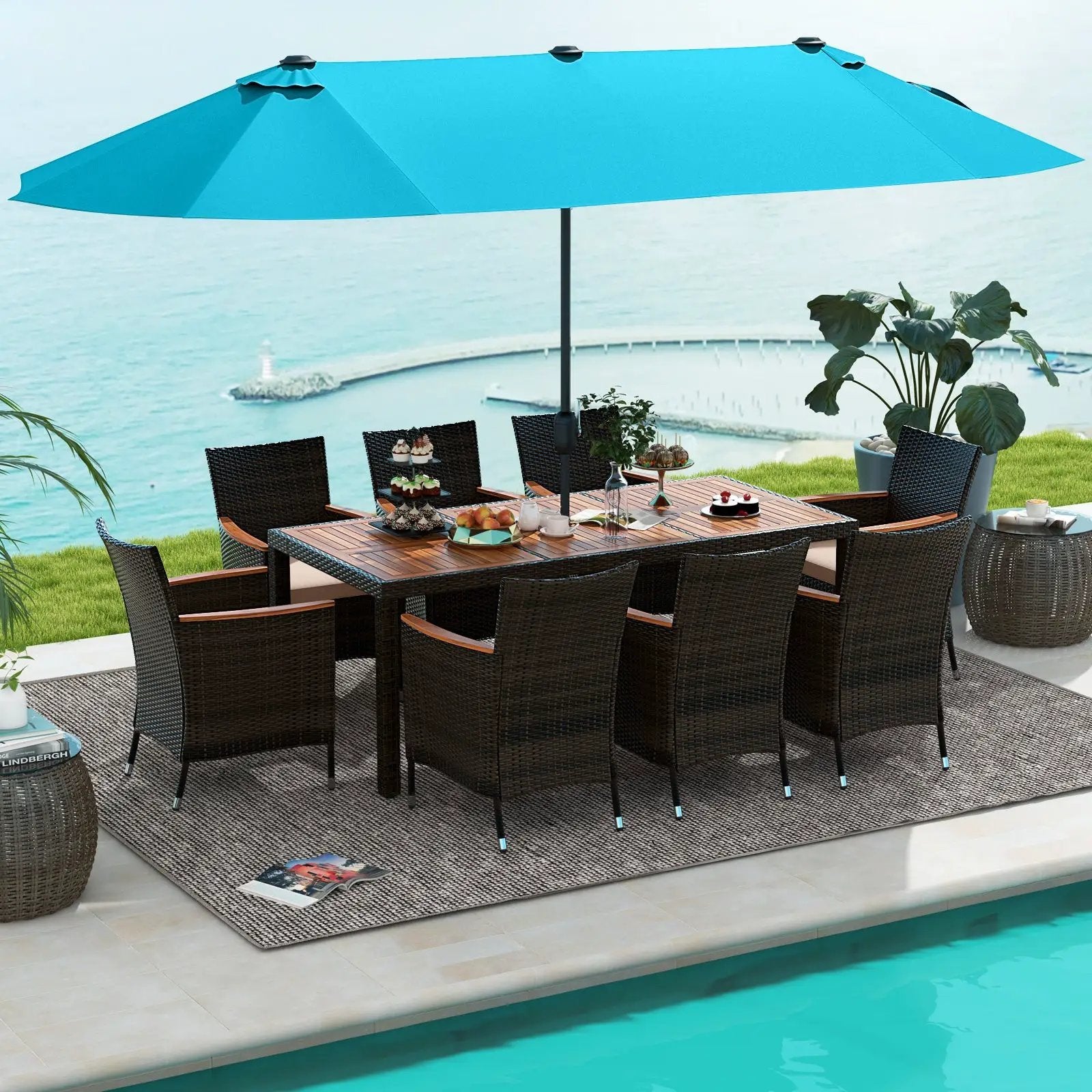 10 Piece Outdoor Dining Set with 15 Feet Double-Sided Twin Patio Umbrella by DirectDeals