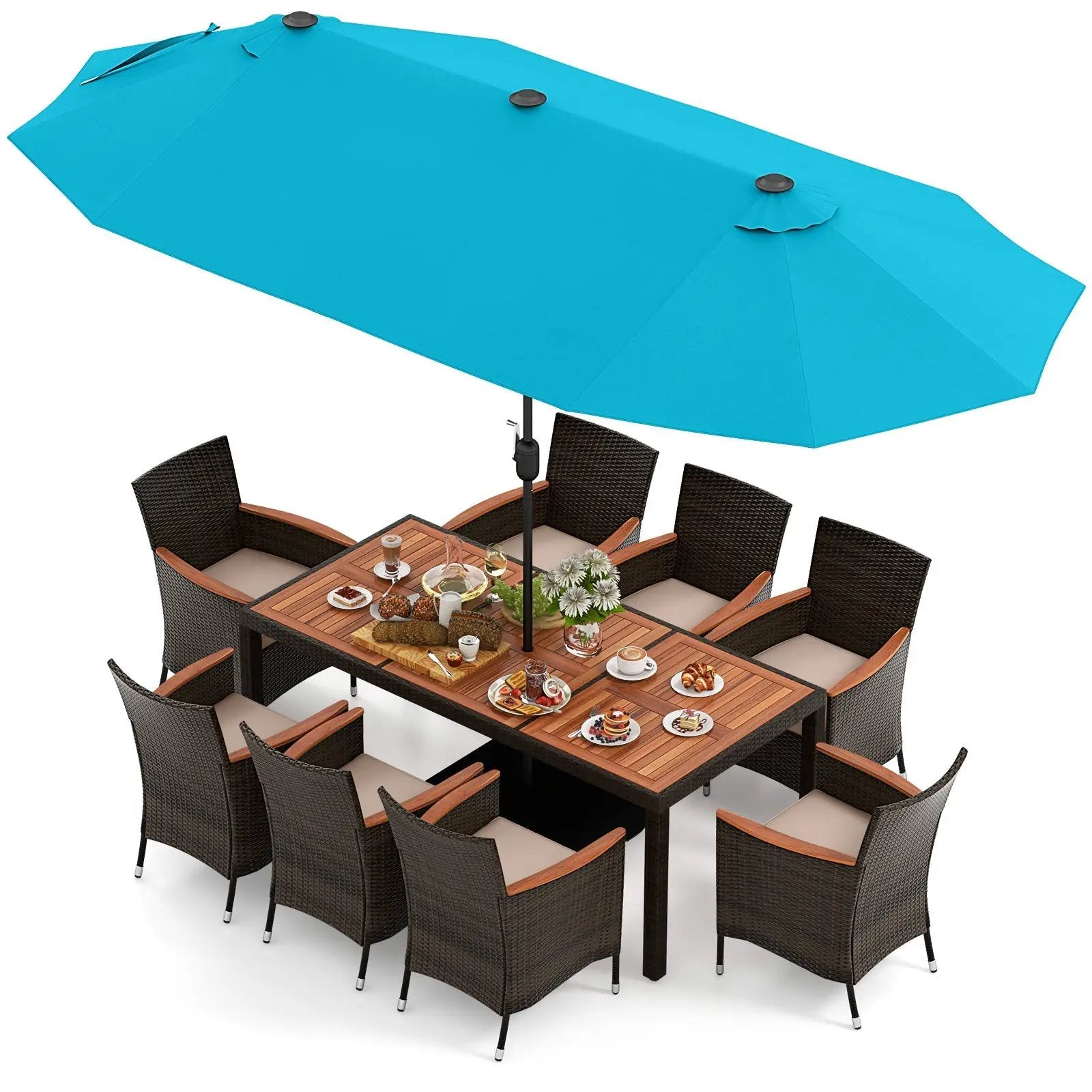 10 Piece Outdoor Dining Set with 15 Feet Double-Sided Twin Patio Umbrella by DirectDeals