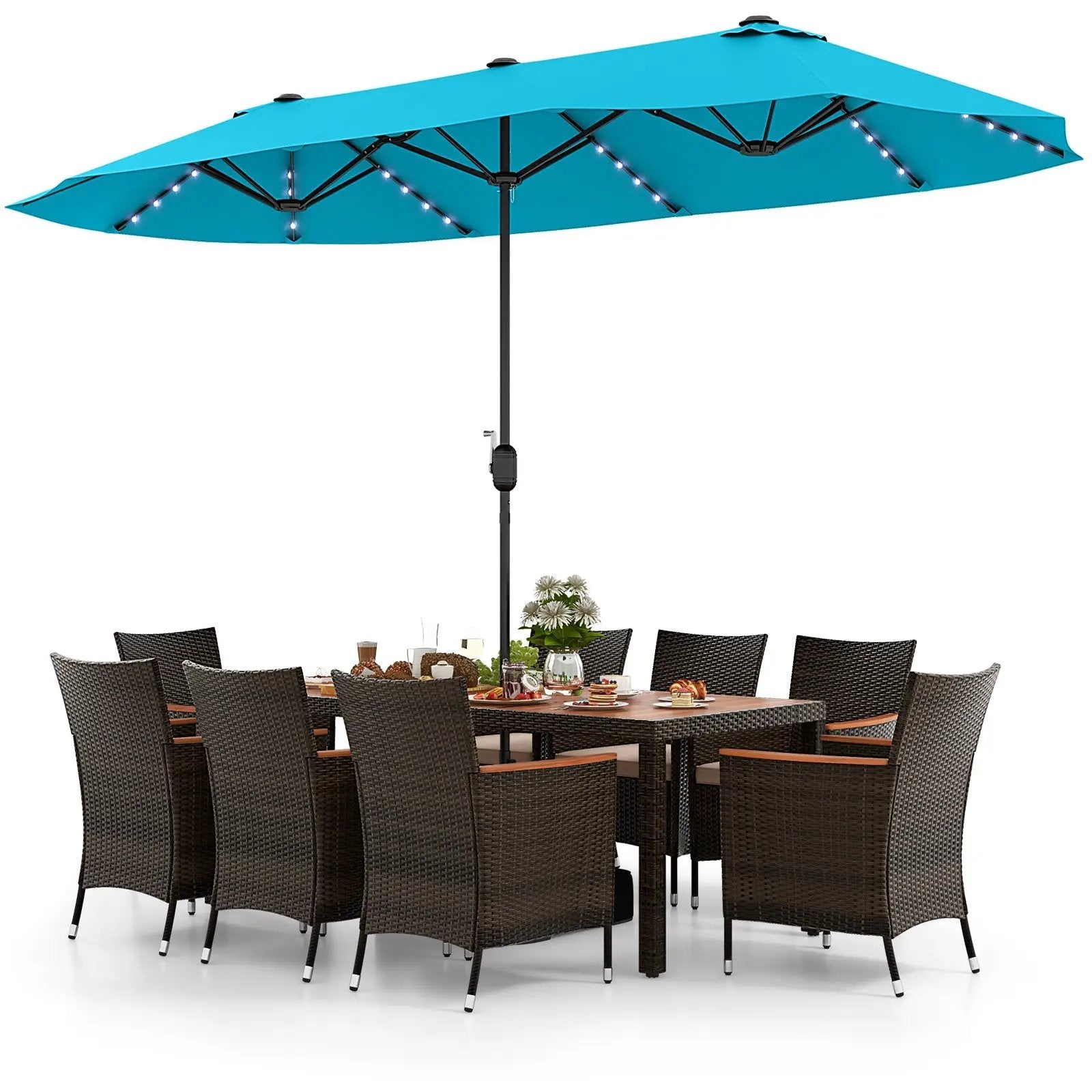10 Piece Outdoor Dining Set with 15 Feet Double-Sided Twin Patio Umbrella by DirectDeals