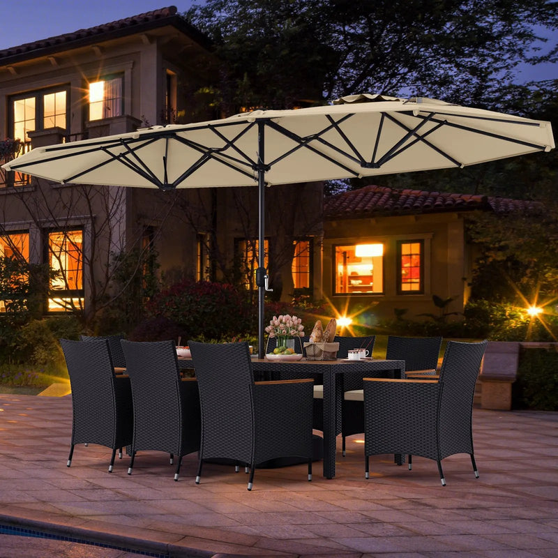 10 Piece Outdoor Dining Set with 15 Feet Double-Sided Twin Umbrella by DirectDeals