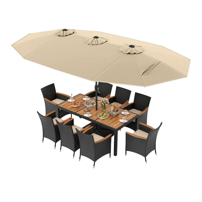 10 Piece Outdoor Dining Set with 15 Feet Double-Sided Twin Umbrella by DirectDeals