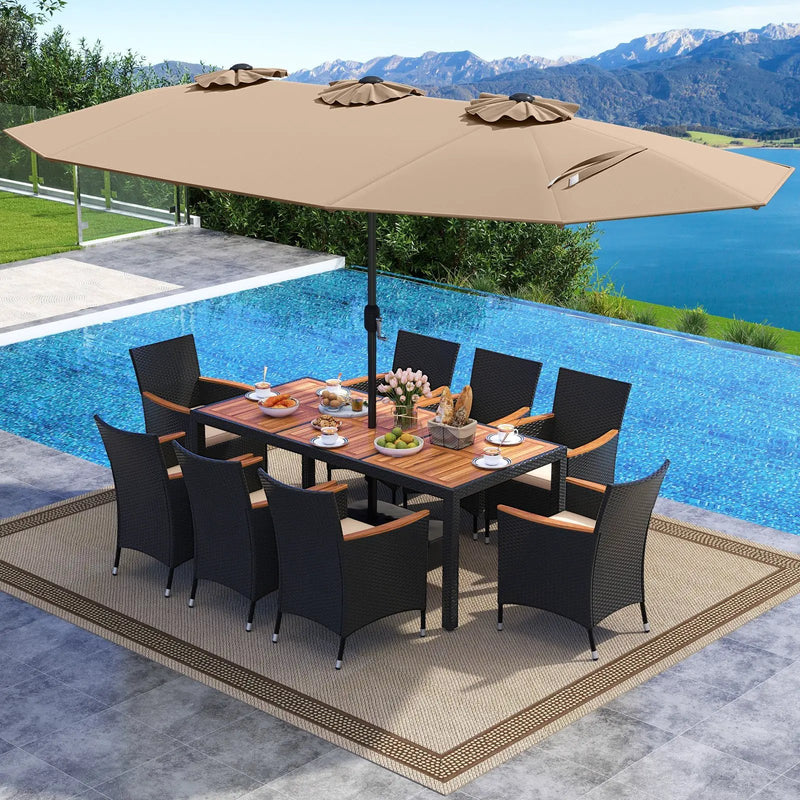10 Piece Outdoor Dining Set with 15 Feet Double-Sided Twin Umbrella by DirectDeals