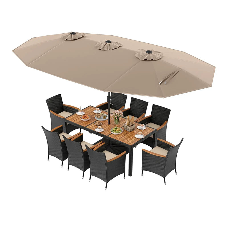 10 Piece Outdoor Dining Set with 15 Feet Double-Sided Twin Umbrella by DirectDeals