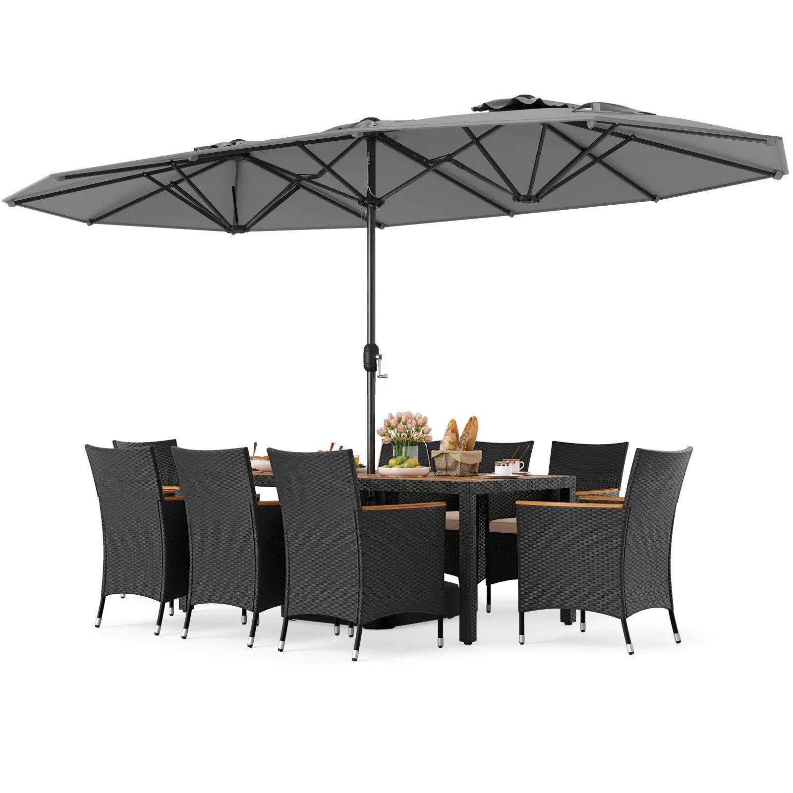 10 Piece Outdoor Dining Set with 15 Feet Double-Sided Twin Umbrella by DirectDeals