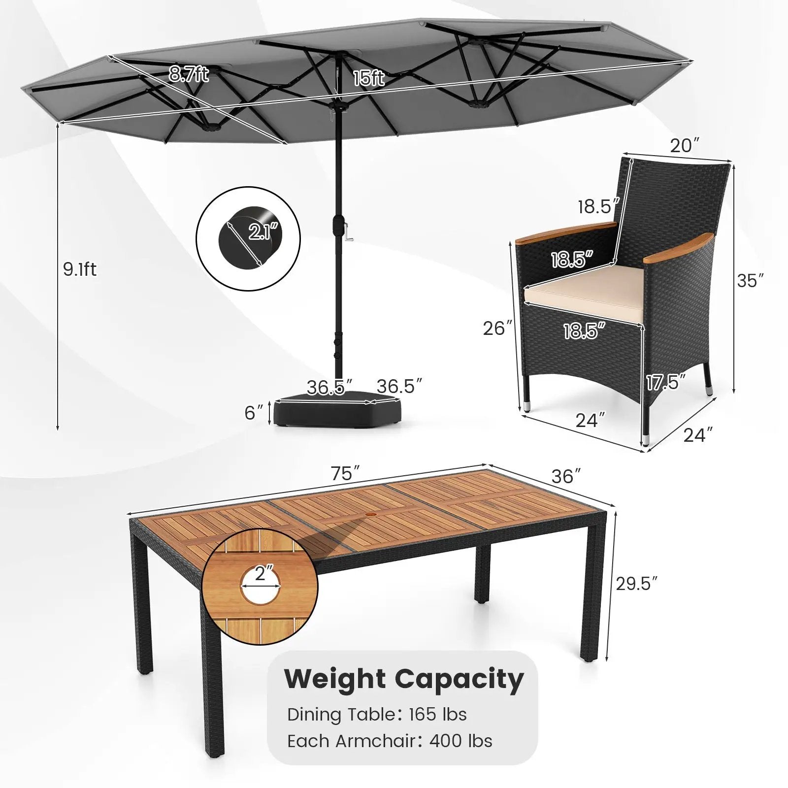 10 Piece Outdoor Dining Set with 15 Feet Double-Sided Twin Umbrella by DirectDeals