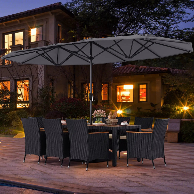 10 Piece Outdoor Dining Set with 15 Feet Double-Sided Twin Umbrella by DirectDeals