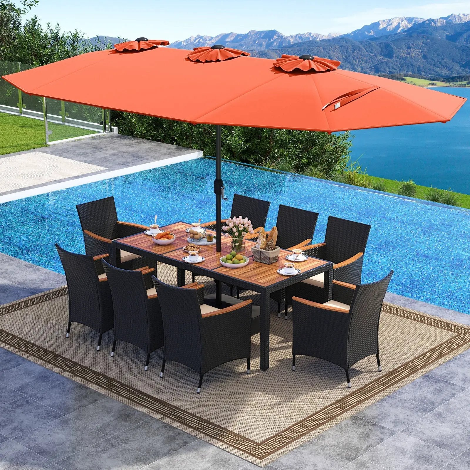 10 Piece Outdoor Dining Set with 15 Feet Double-Sided Twin Umbrella by DirectDeals