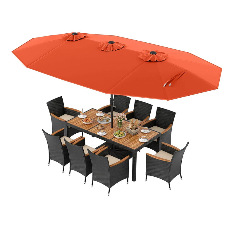 10 Piece Outdoor Dining Set with 15 Feet Double-Sided Twin Umbrella by DirectDeals