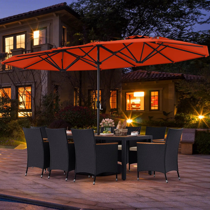 10 Piece Outdoor Dining Set with 15 Feet Double-Sided Twin Umbrella by DirectDeals