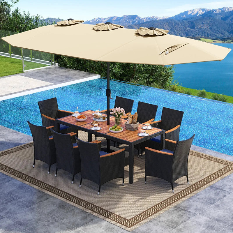 10 Piece Outdoor Patio Dining Set with 15 Feet Double-Sided Twin Umbrella by DirectDeals