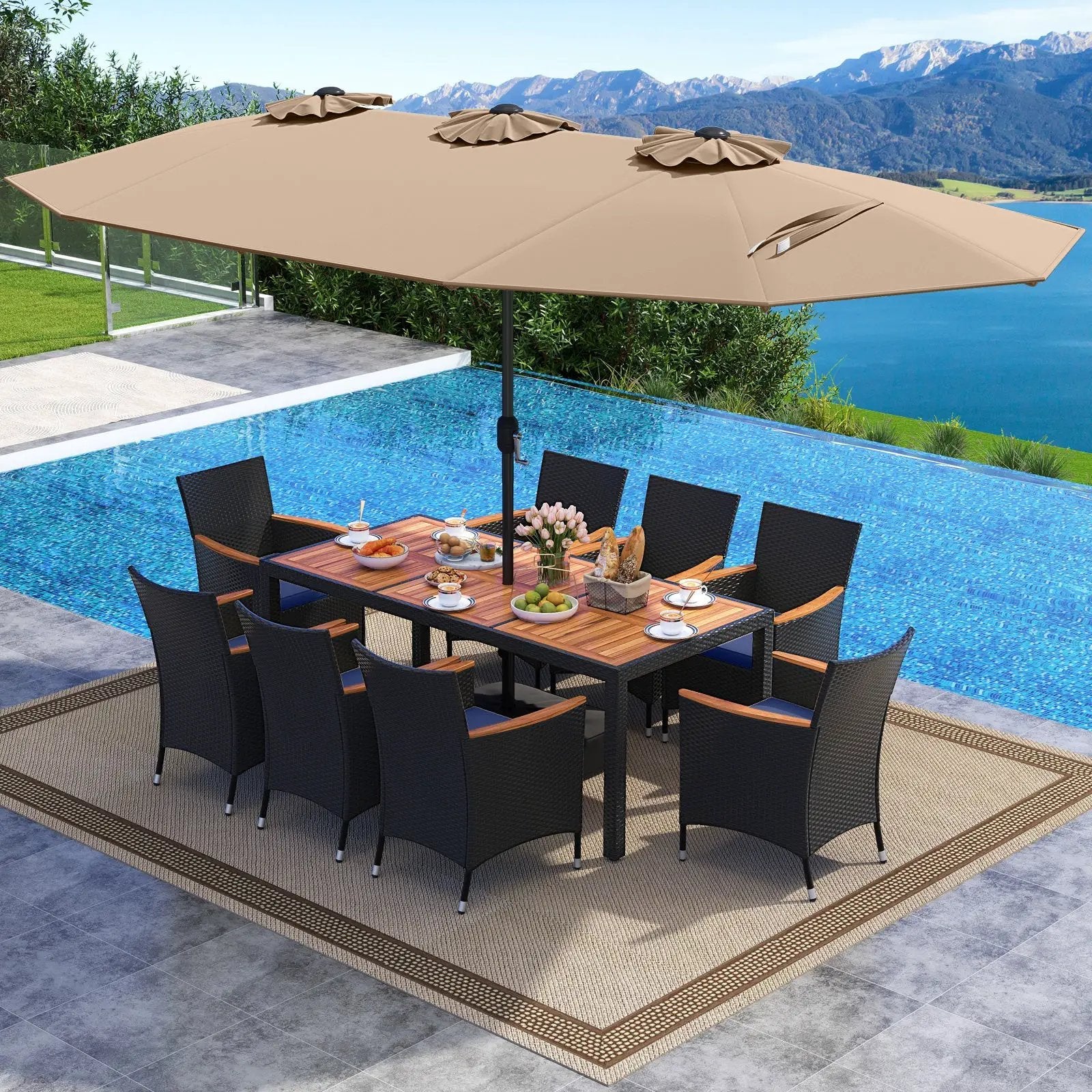10 Piece Outdoor Patio Dining Set with 15 Feet Double-Sided Twin Umbrella by DirectDeals