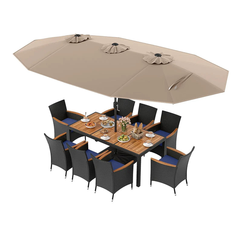 10 Piece Outdoor Patio Dining Set with 15 Feet Double-Sided Twin Umbrella by DirectDeals