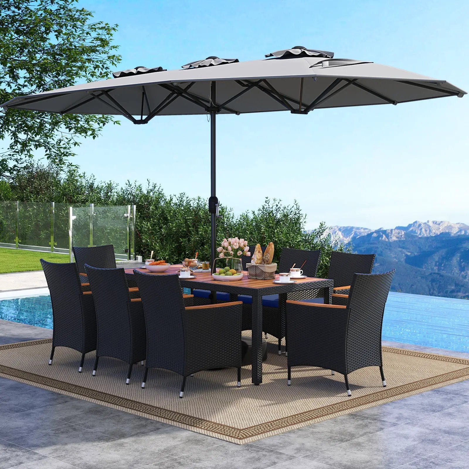 10 Piece Outdoor Patio Dining Set with 15 Feet Double-Sided Twin Umbrella by DirectDeals