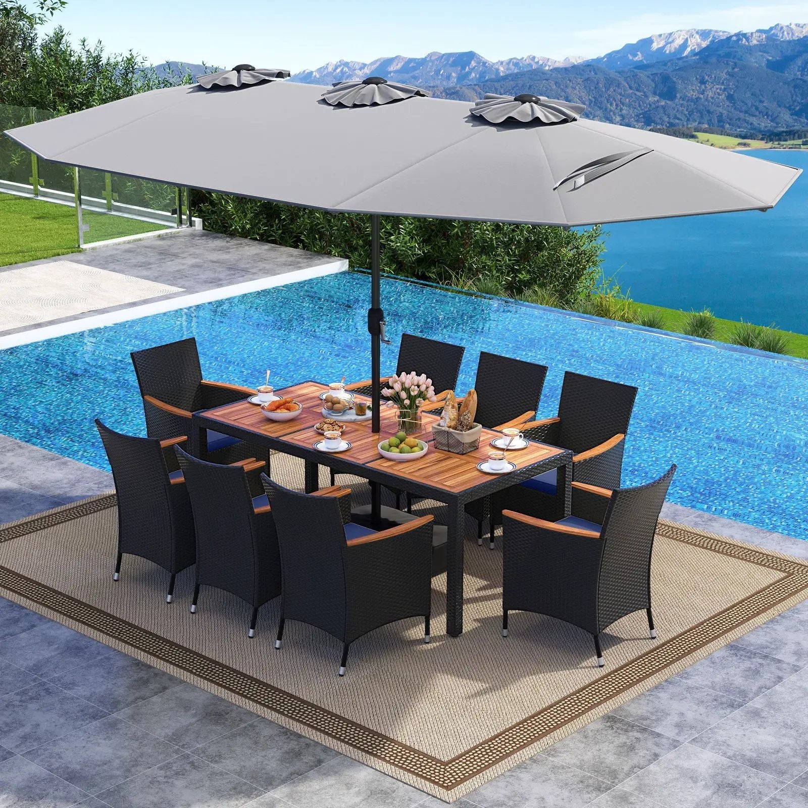 10 Piece Outdoor Patio Dining Set with 15 Feet Double-Sided Twin Umbrella by DirectDeals