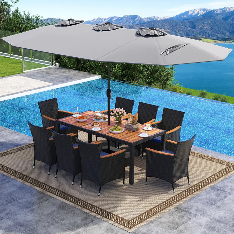 10 Piece Outdoor Patio Dining Set with 15 Feet Double-Sided Twin Umbrella by DirectDeals