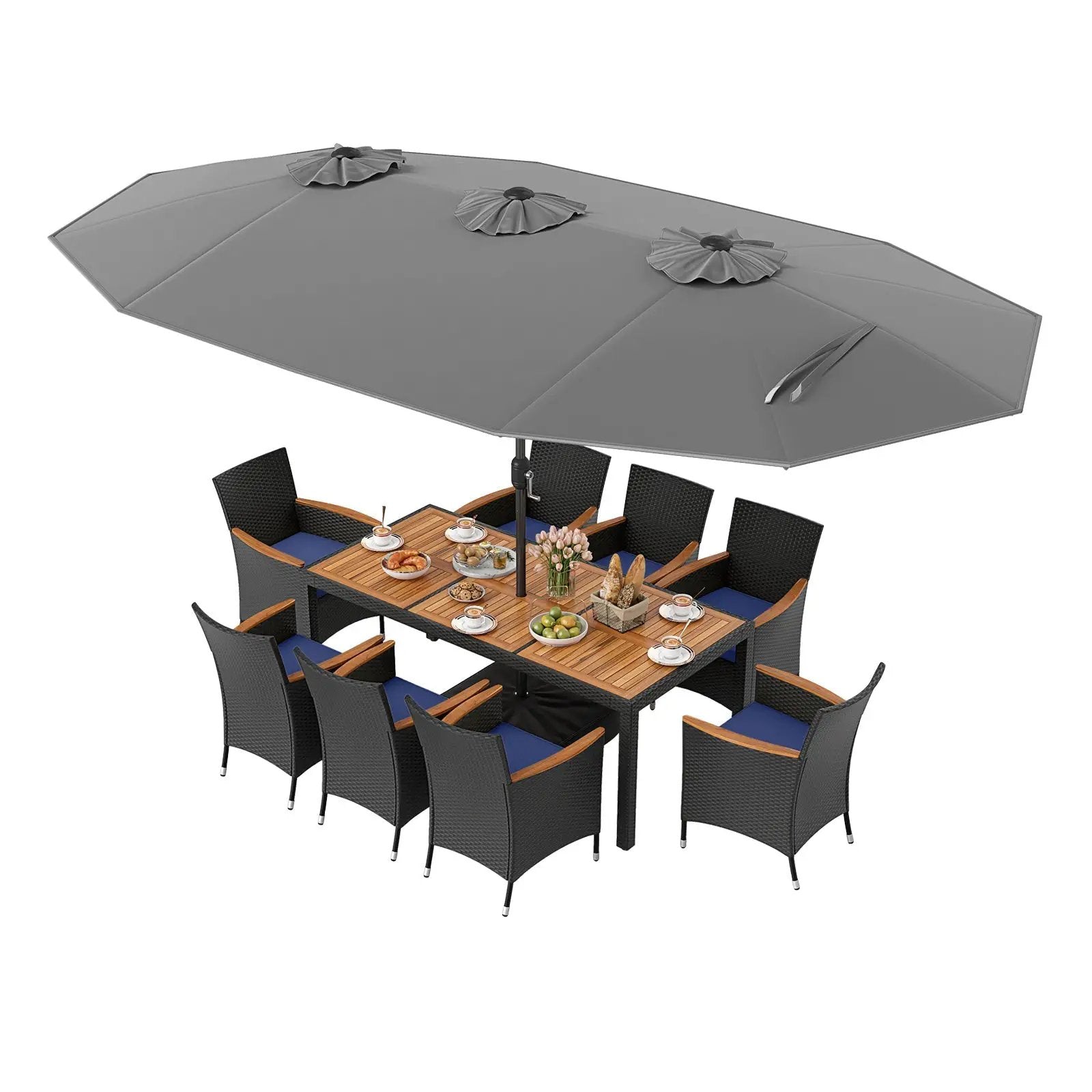 10 Piece Outdoor Patio Dining Set with 15 Feet Double-Sided Twin Umbrella by DirectDeals