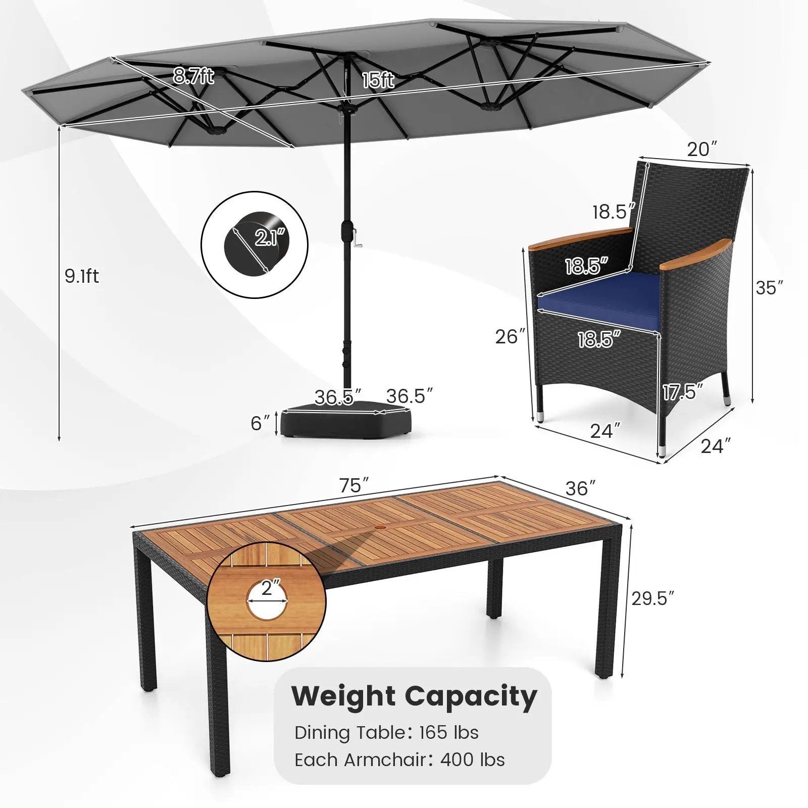 10 Piece Outdoor Patio Dining Set with 15 Feet Double-Sided Twin Umbrella by DirectDeals