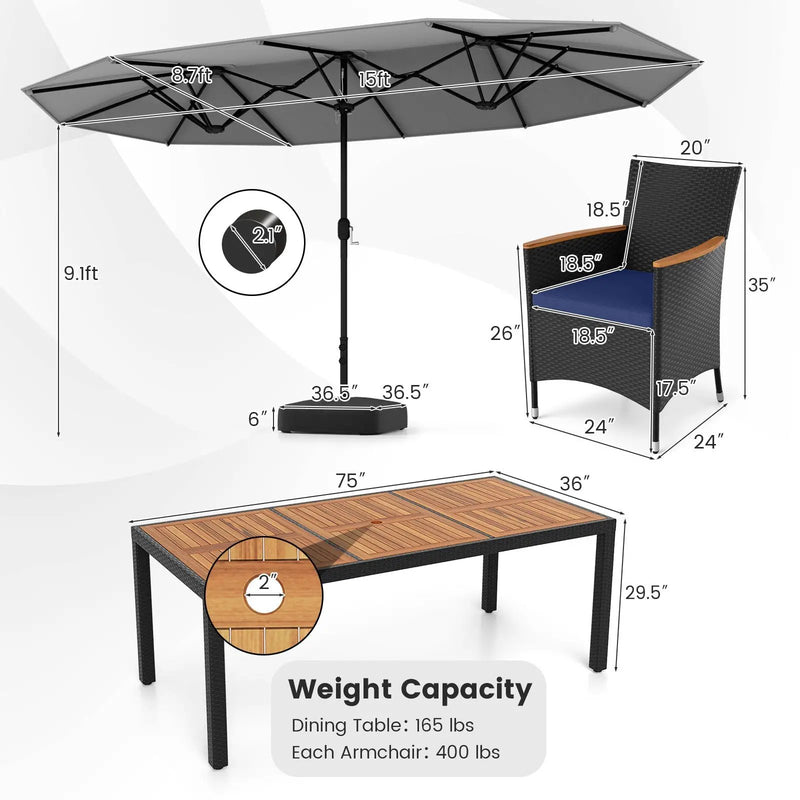 10 Piece Outdoor Patio Dining Set with 15 Feet Double-Sided Twin Umbrella by DirectDeals