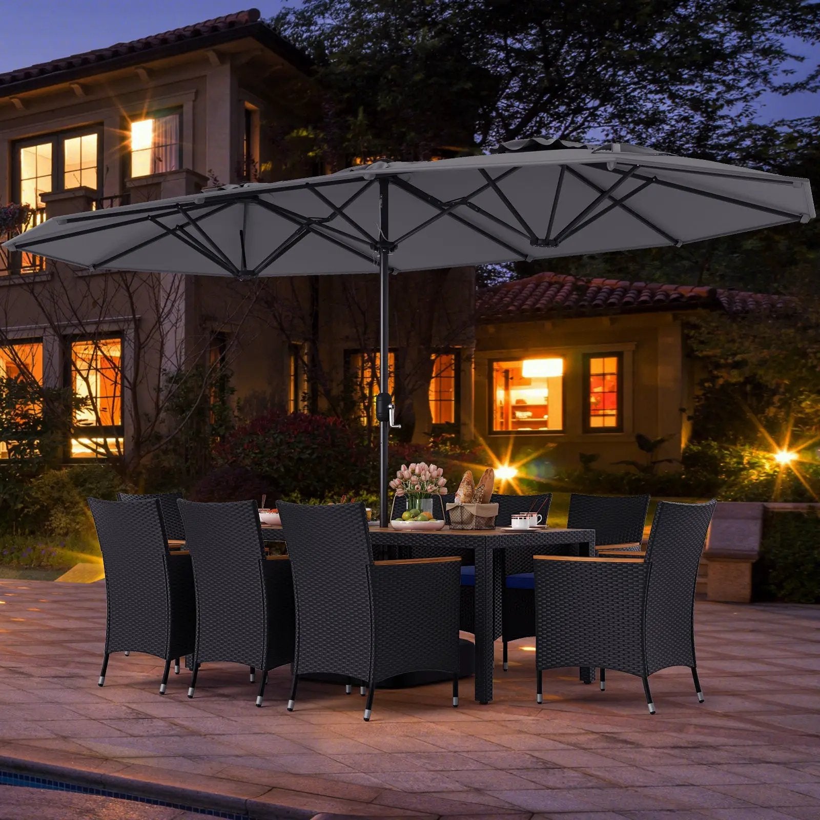 10 Piece Outdoor Patio Dining Set with 15 Feet Double-Sided Twin Umbrella by DirectDeals