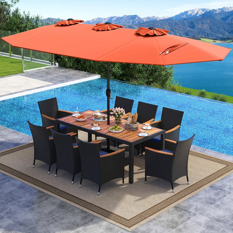 10 Piece Outdoor Patio Dining Set with 15 Feet Double-Sided Twin Umbrella by DirectDeals