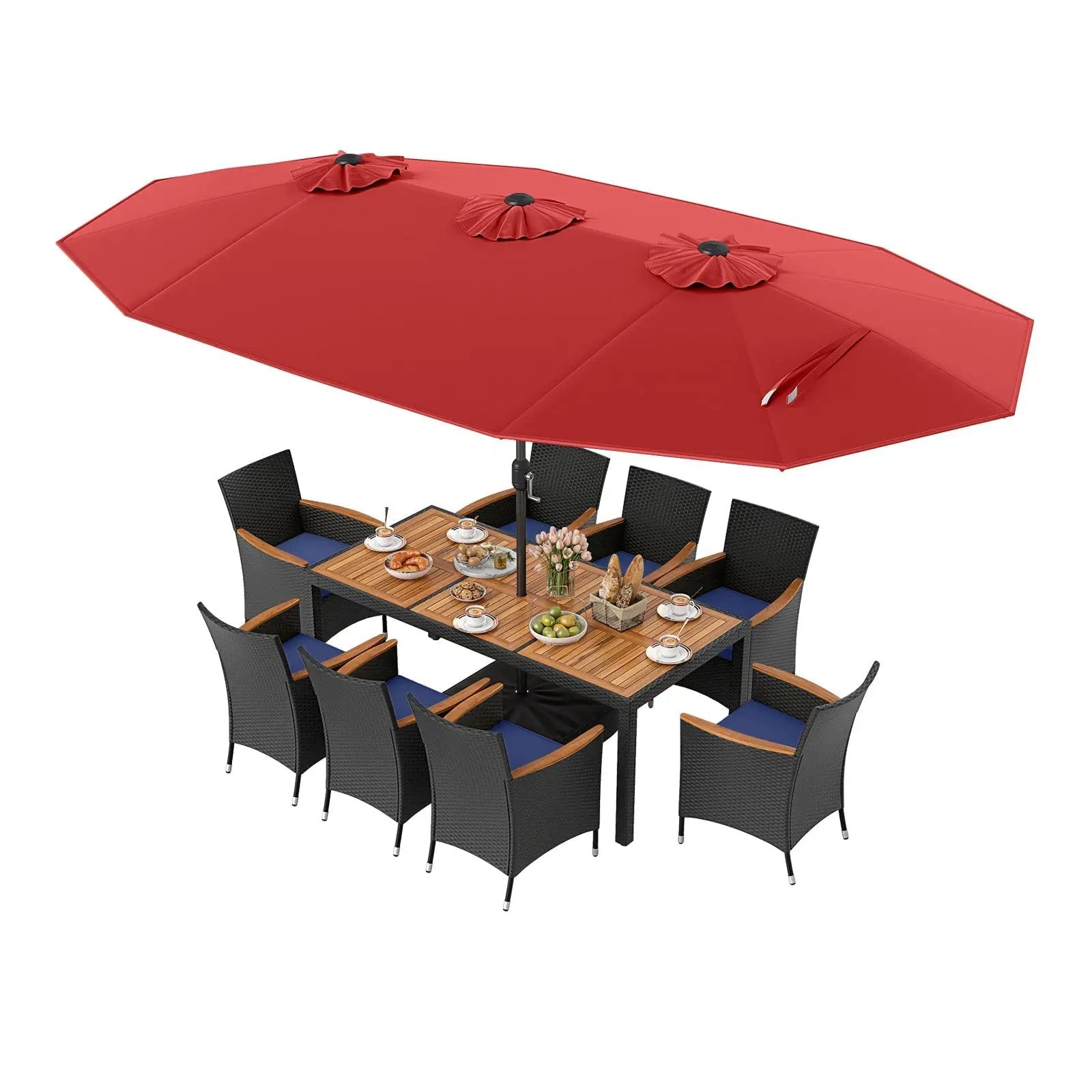 10 Piece Outdoor Patio Dining Set with 15 Feet Double-Sided Twin Umbrella by DirectDeals