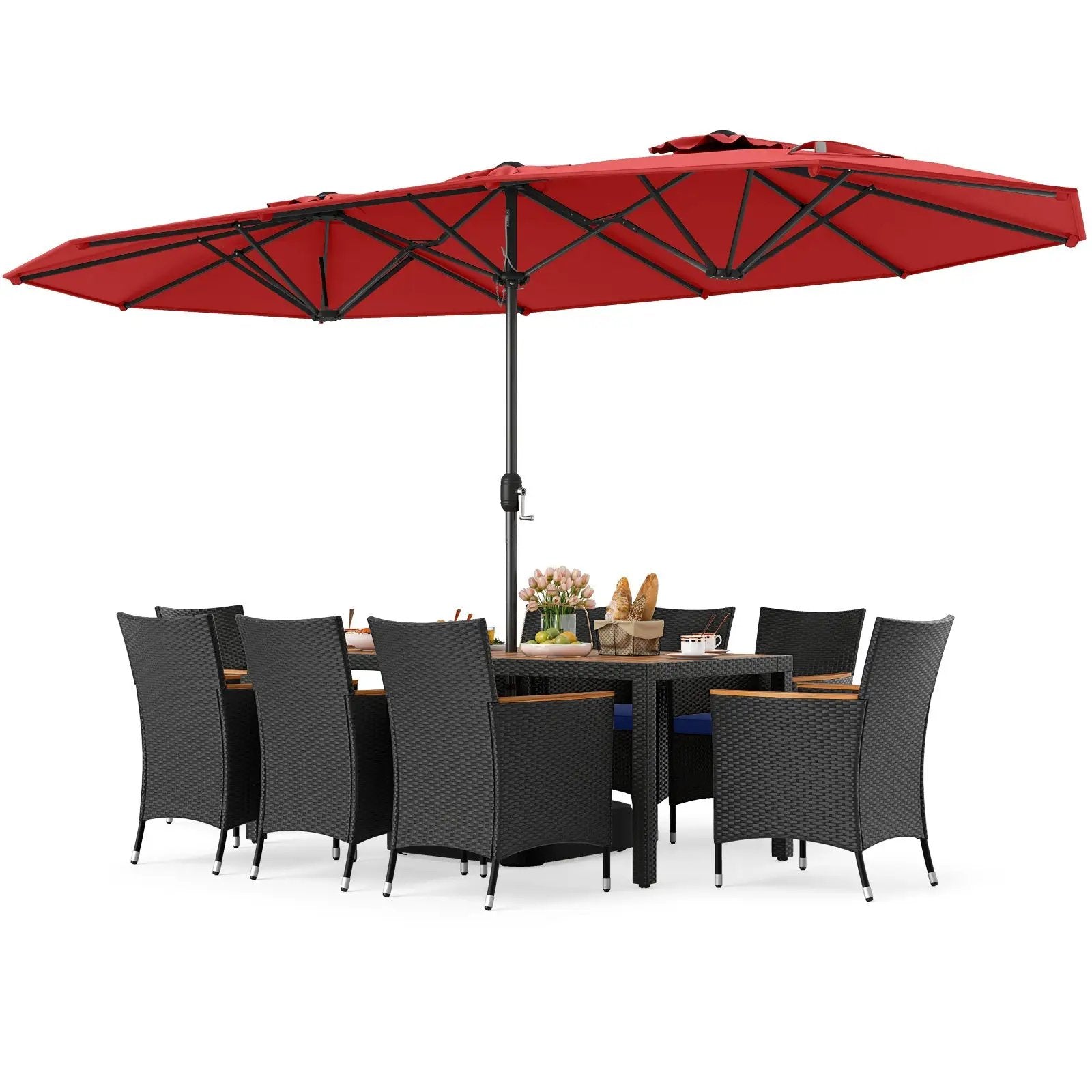 10 Piece Outdoor Patio Dining Set with 15 Feet Double-Sided Twin Umbrella by DirectDeals