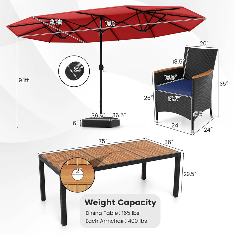 10 Piece Outdoor Patio Dining Set with 15 Feet Double-Sided Twin Umbrella by DirectDeals