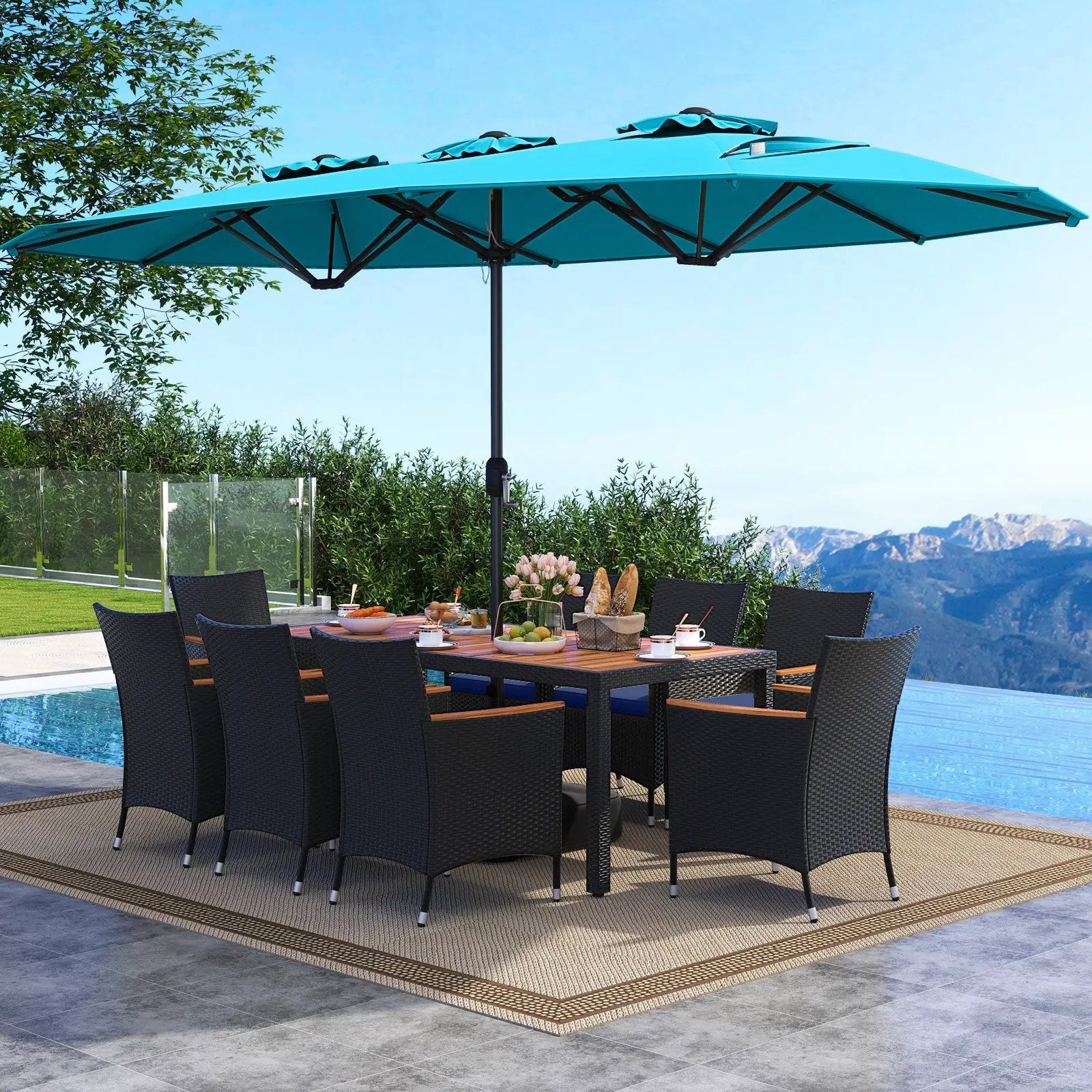 10 Piece Outdoor Patio Dining Set with 15 Feet Double-Sided Twin Umbrella by DirectDeals