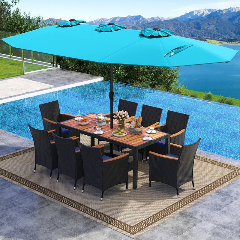 10 Piece Outdoor Patio Dining Set with 15 Feet Double-Sided Twin Umbrella by DirectDeals