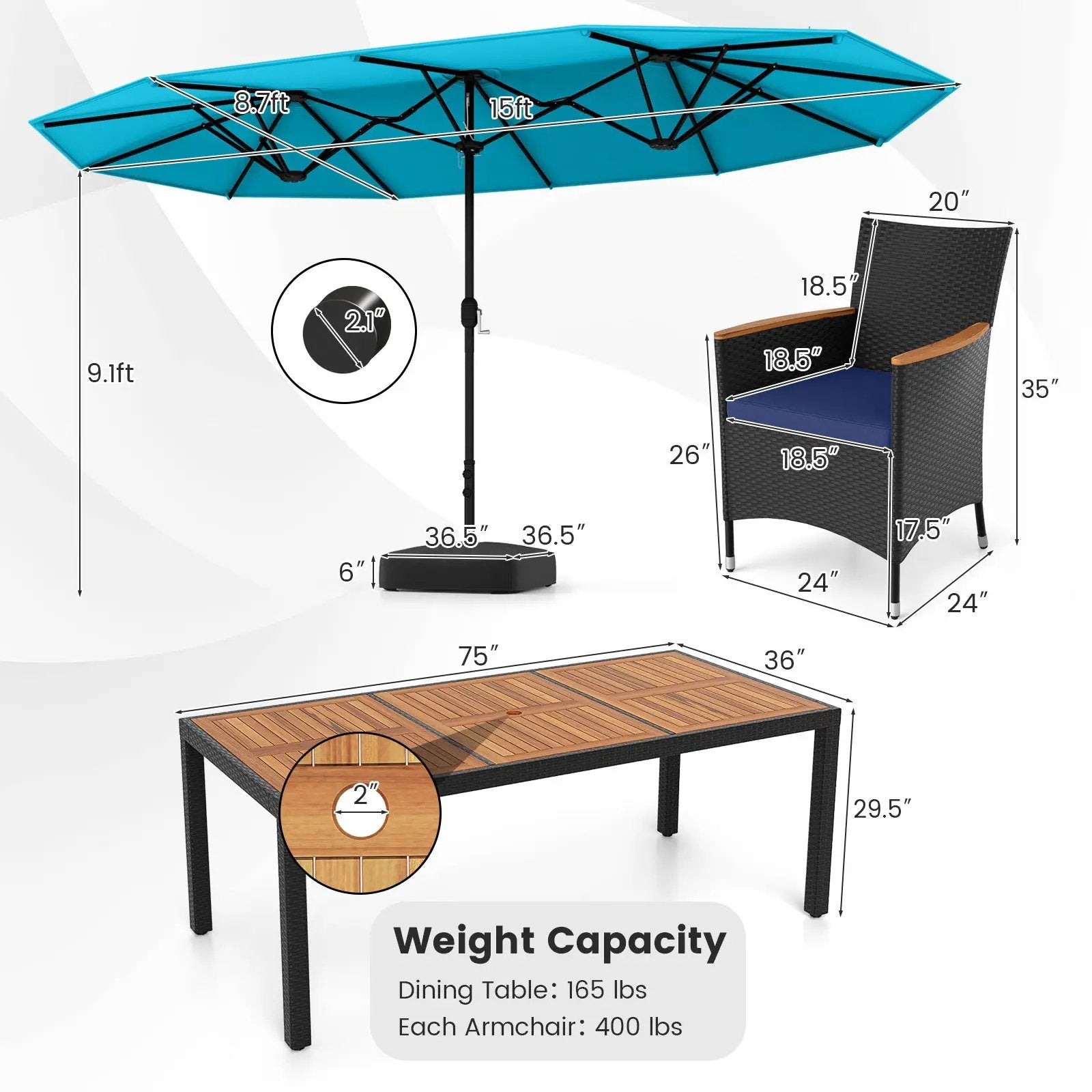 10 Piece Outdoor Patio Dining Set with 15 Feet Double-Sided Twin Umbrella by DirectDeals