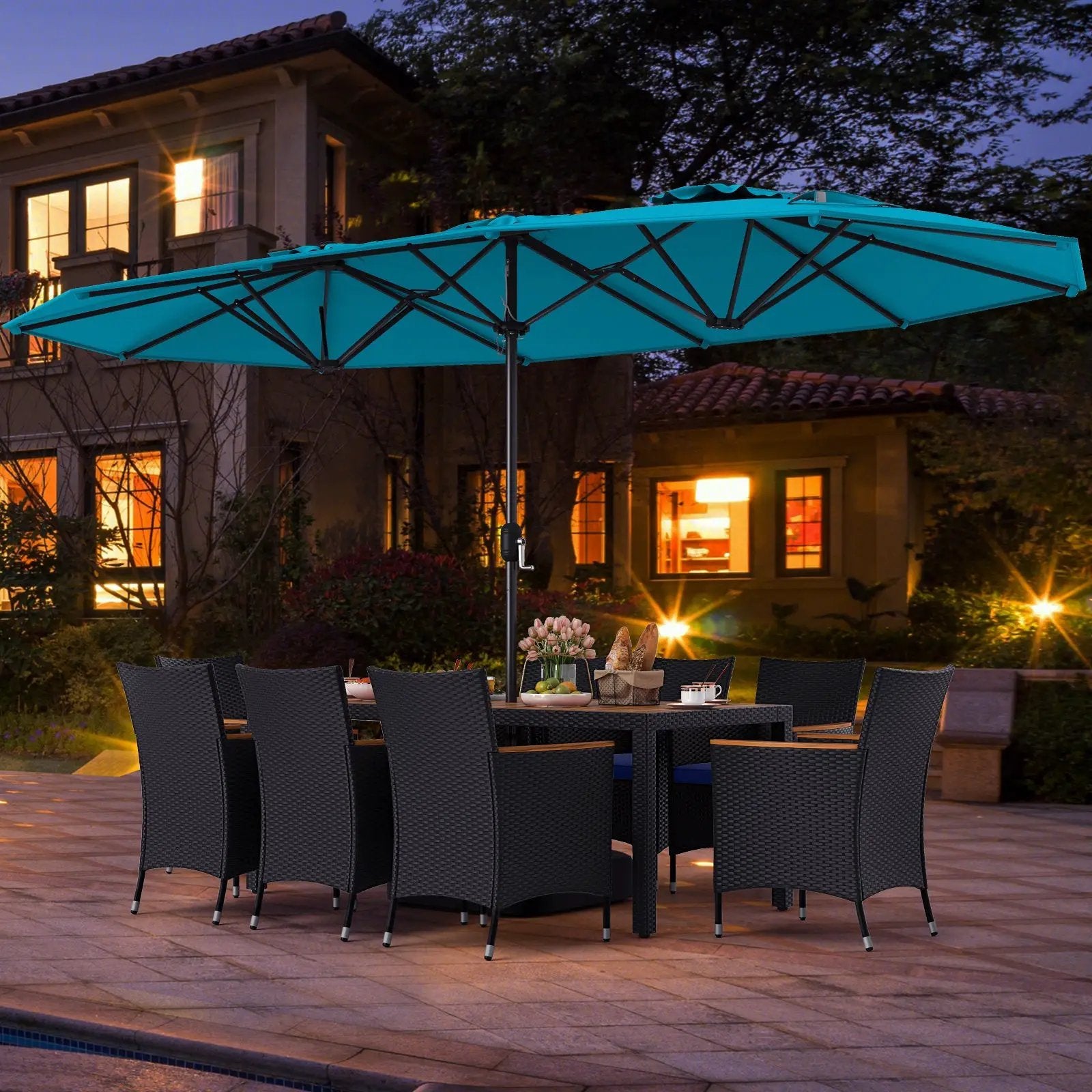 10 Piece Outdoor Patio Dining Set with 15 Feet Double-Sided Twin Umbrella by DirectDeals