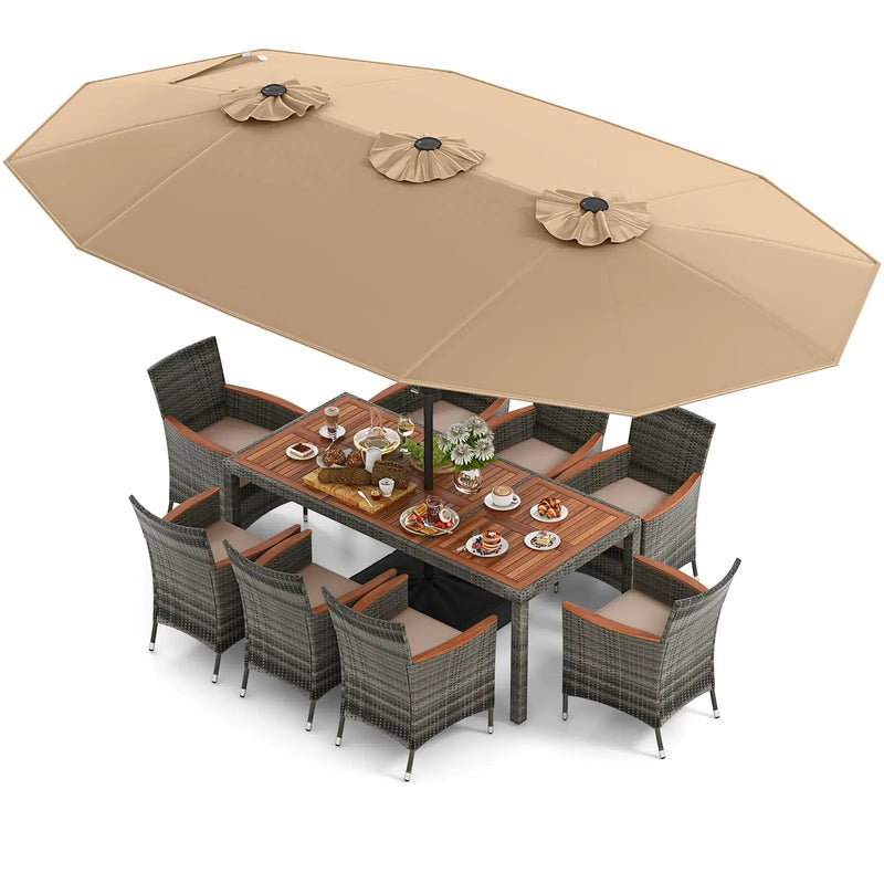 10 Pieces Patio Wicker Dining Set with 15 Feet Double-Sided Patio Umbrella by DirectDeals