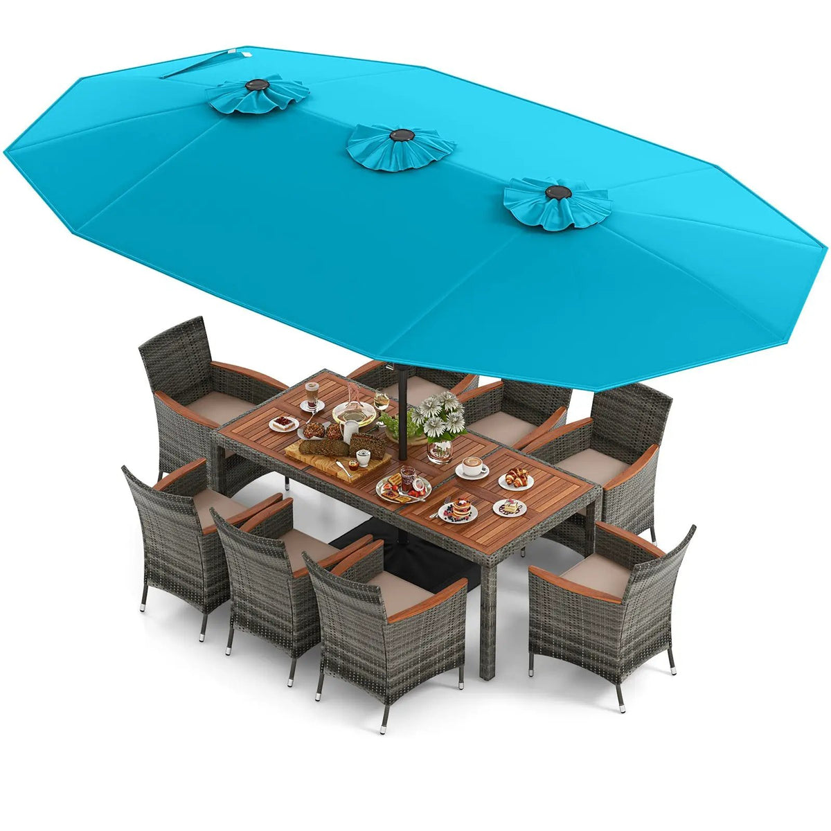 10 Pieces Patio Wicker Dining Set with 15 Feet Double-Sided Patio Umbrella, photo 3 of 13