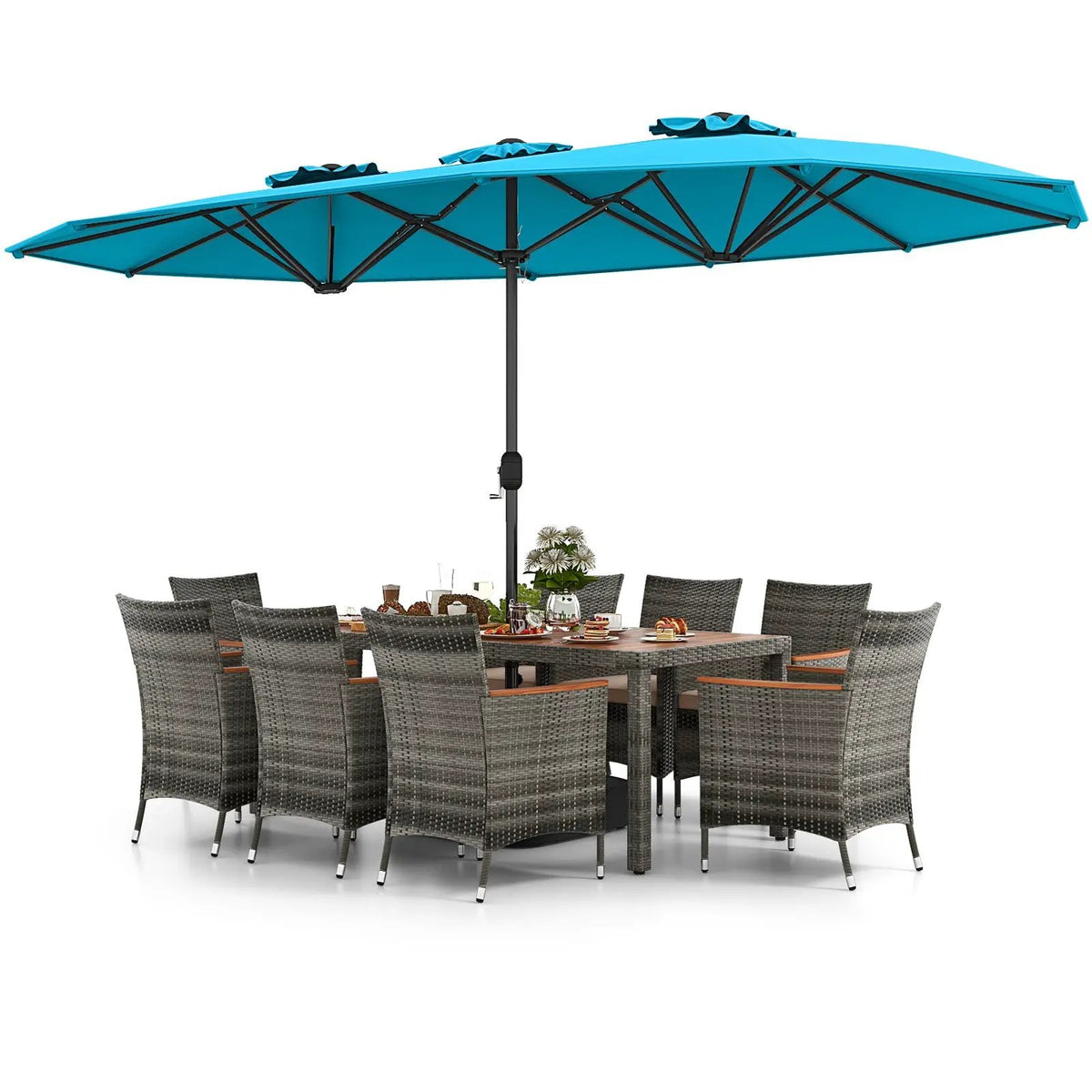 10 Pieces Patio Wicker Dining Set with 15 Feet Double-Sided Patio Umbrella, photo 4 of 13
