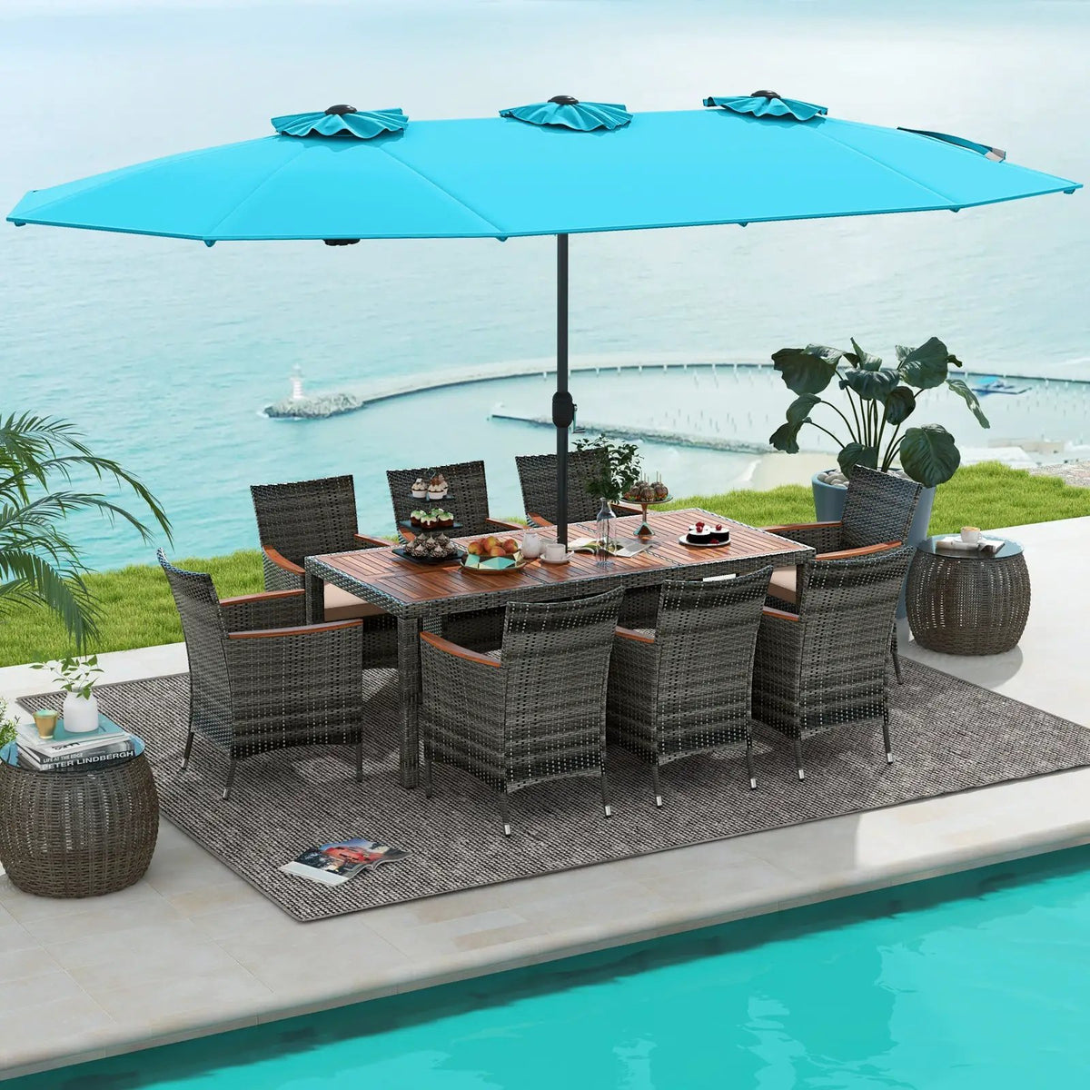 10 Pieces Patio Wicker Dining Set with 15 Feet Double-Sided Patio Umbrella, photo 6 of 13