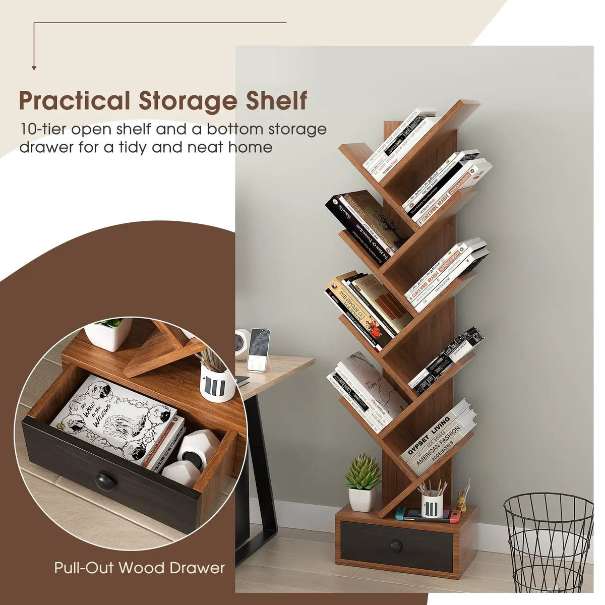 10-Tier Tree Bookshelf with Drawer and Anti-Tipping Kit, photo 14 of 16