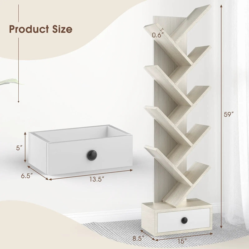 10-Tier Tree Bookshelf with Drawer and Anti-Tipping Kit by DirectDeals