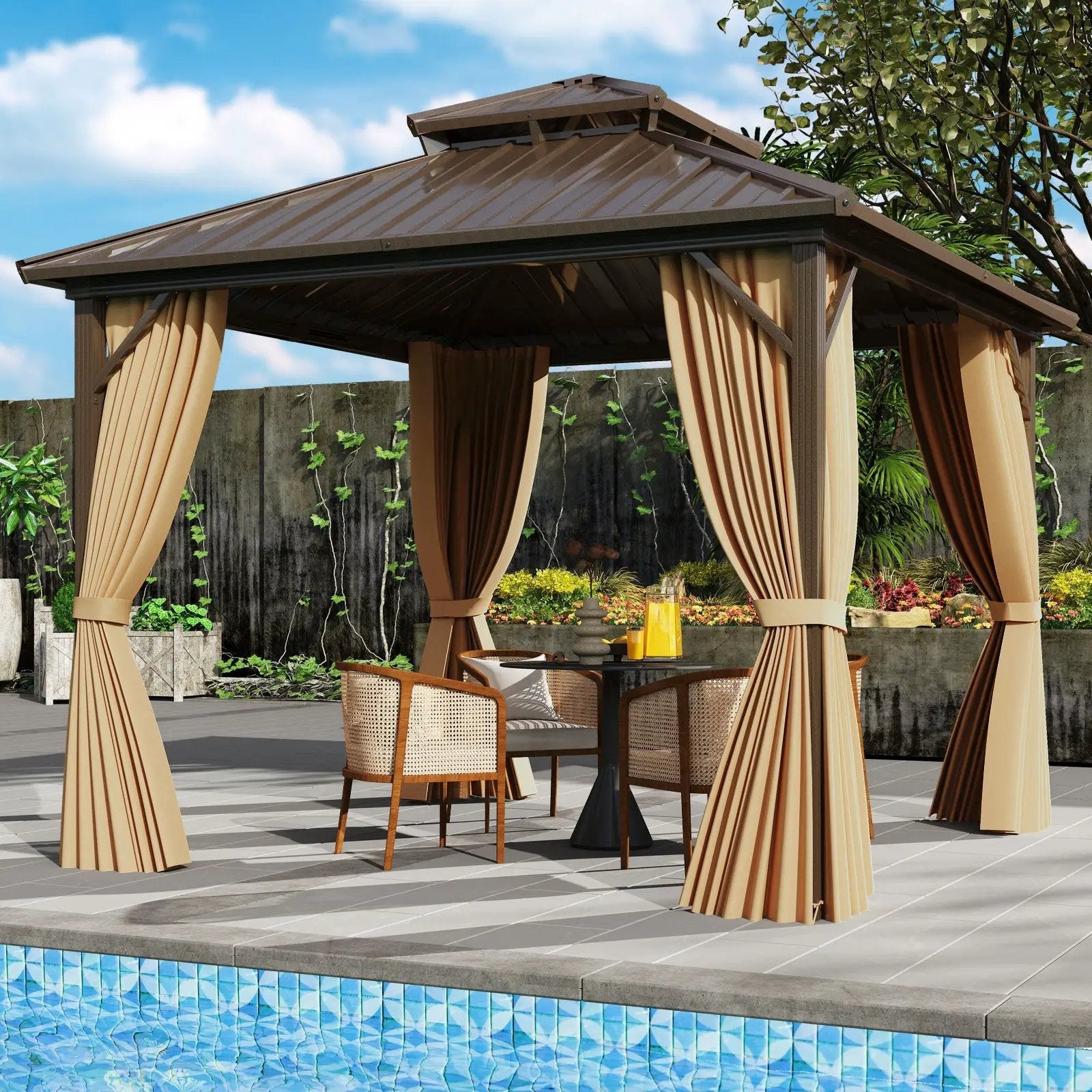10 X 10 Feet Hardtop Gazebo with Netting and Curtain for Patio Backyard-Coffee by DirectDeals
