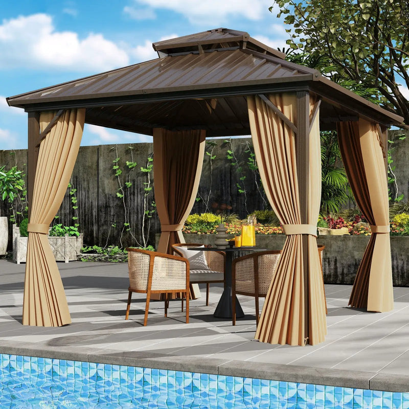 10 X 10 Feet Hardtop Gazebo with Netting and Curtain for Patio Backyard-Coffee by DirectDeals